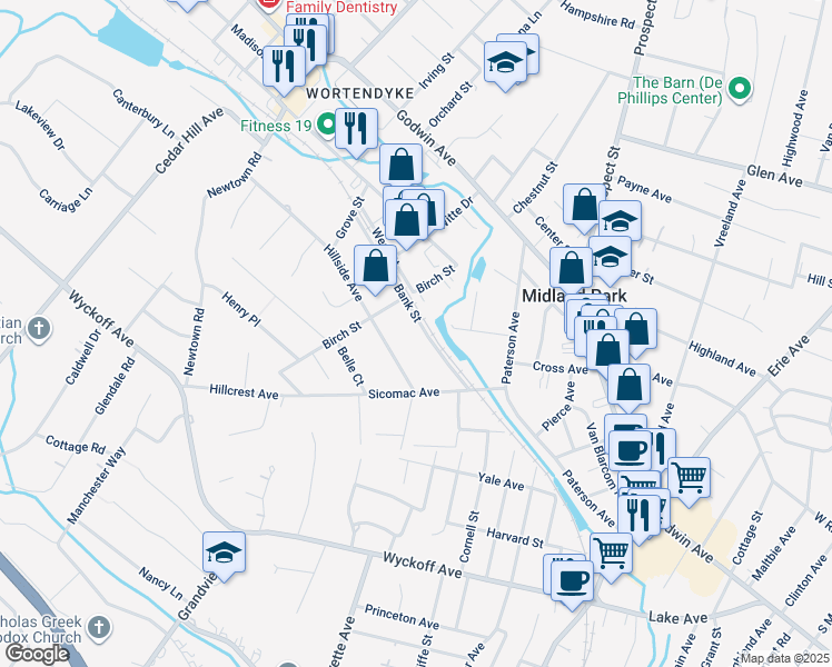 map of restaurants, bars, coffee shops, grocery stores, and more near 62 Bank Street in Midland Park