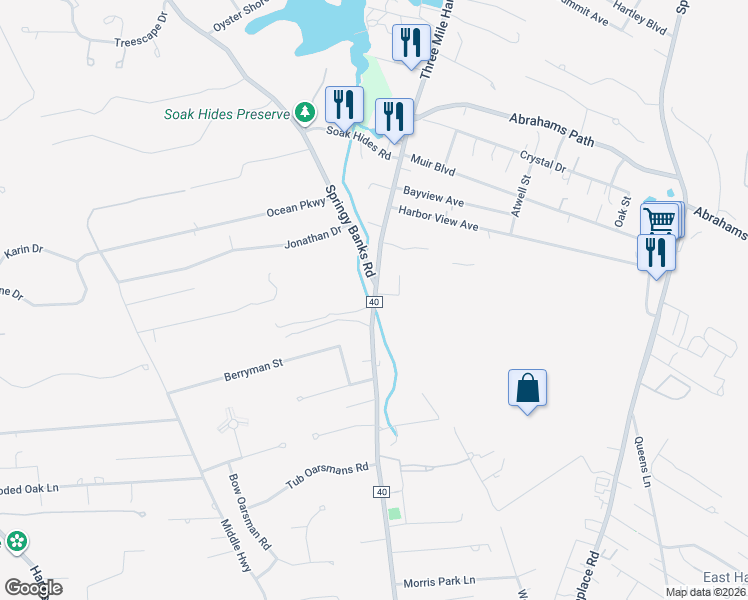map of restaurants, bars, coffee shops, grocery stores, and more near 268 County Road 40 in East Hampton