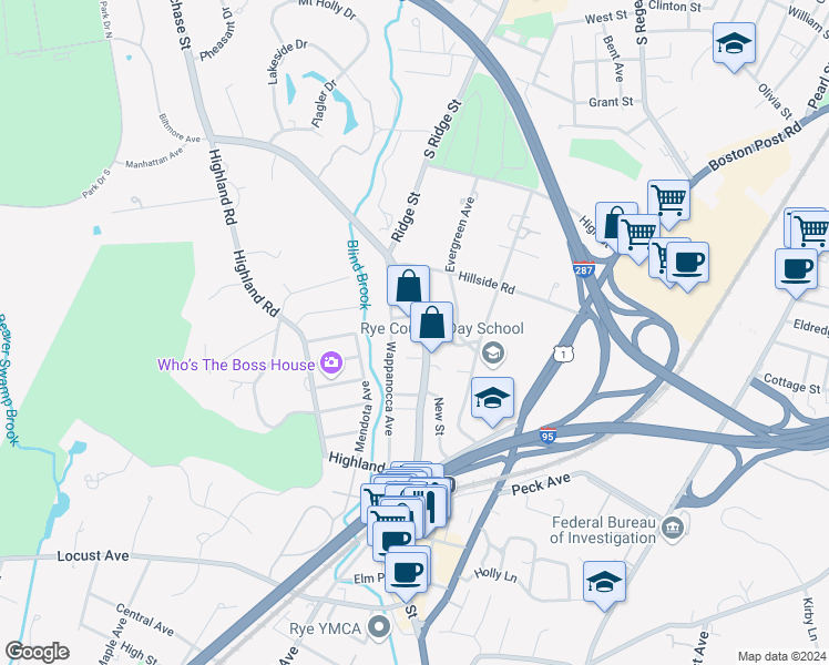map of restaurants, bars, coffee shops, grocery stores, and more near 110 Wappanocca Avenue in Rye