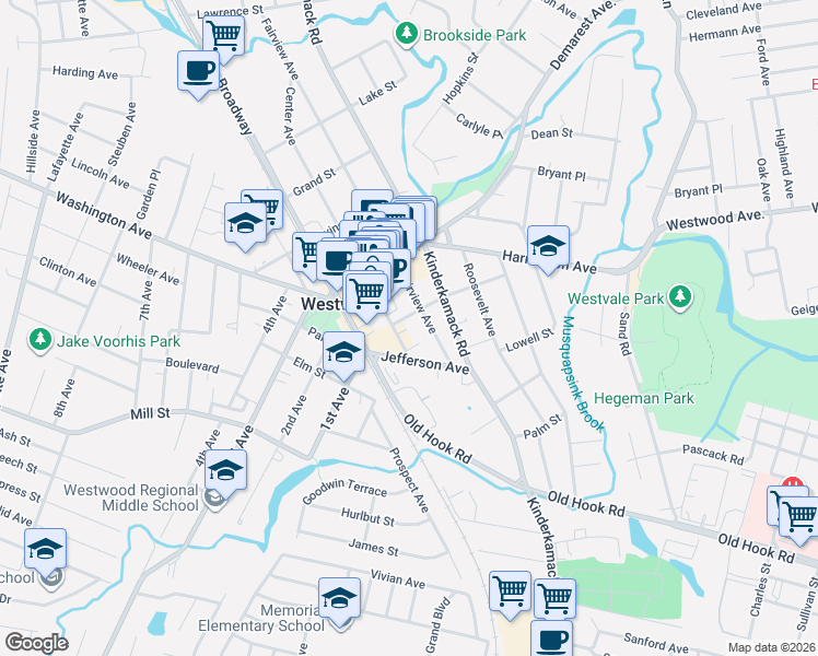 map of restaurants, bars, coffee shops, grocery stores, and more near 94 Fairview Avenue in Westwood