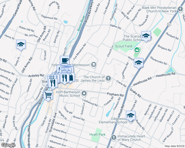 map of restaurants, bars, coffee shops, grocery stores, and more near 32 Crane Road in Scarsdale