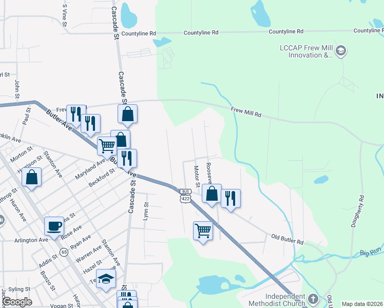 map of restaurants, bars, coffee shops, grocery stores, and more near 1123 Motor Street in New Castle