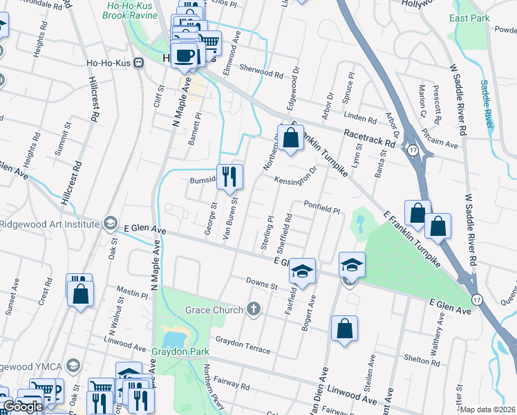 map of restaurants, bars, coffee shops, grocery stores, and more near 314 Preston Place in Ridgewood