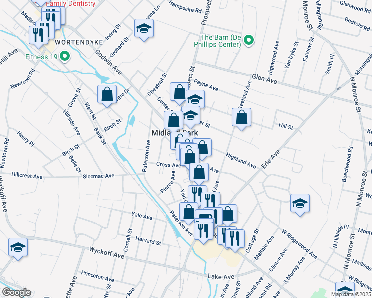 map of restaurants, bars, coffee shops, grocery stores, and more near 268 Godwin Avenue in Midland Park