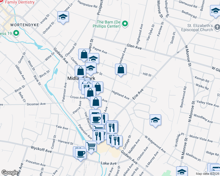 map of restaurants, bars, coffee shops, grocery stores, and more near 141 Vreeland Avenue in Midland Park