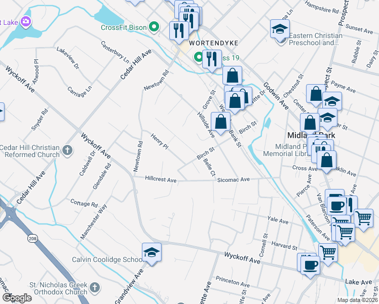 map of restaurants, bars, coffee shops, grocery stores, and more near 19 Oak Avenue in Midland Park