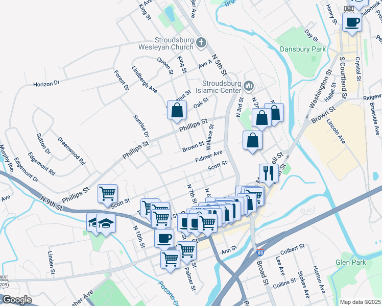 map of restaurants, bars, coffee shops, grocery stores, and more near 715 Brown Street in Stroudsburg