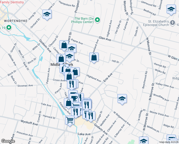 map of restaurants, bars, coffee shops, grocery stores, and more near 141 Vreeland Avenue in Midland Park
