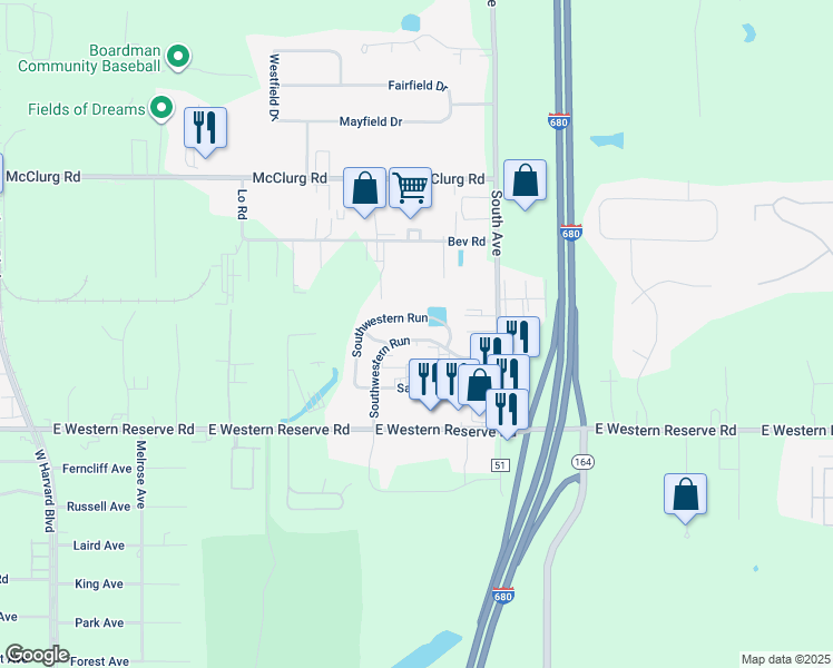 map of restaurants, bars, coffee shops, grocery stores, and more near 820 Southwestern Run in Youngstown
