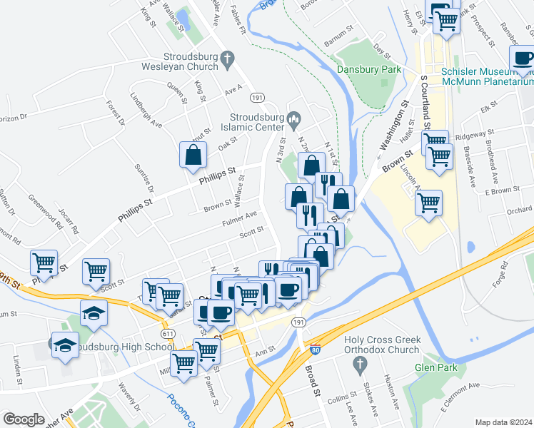 map of restaurants, bars, coffee shops, grocery stores, and more near 310 North 5th Street in Stroudsburg