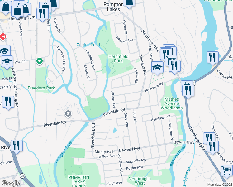 map of restaurants, bars, coffee shops, grocery stores, and more near 521 Riverview Road in Pompton Lakes