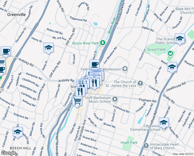 map of restaurants, bars, coffee shops, grocery stores, and more near 64 East Parkway in Scarsdale