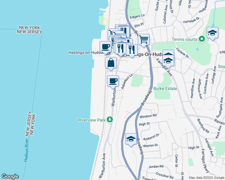 map of restaurants, bars, coffee shops, grocery stores, and more near in Hastings-on-Hudson