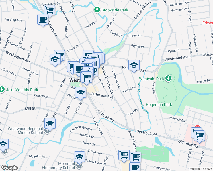 map of restaurants, bars, coffee shops, grocery stores, and more near 94 Fairview Avenue in Westwood