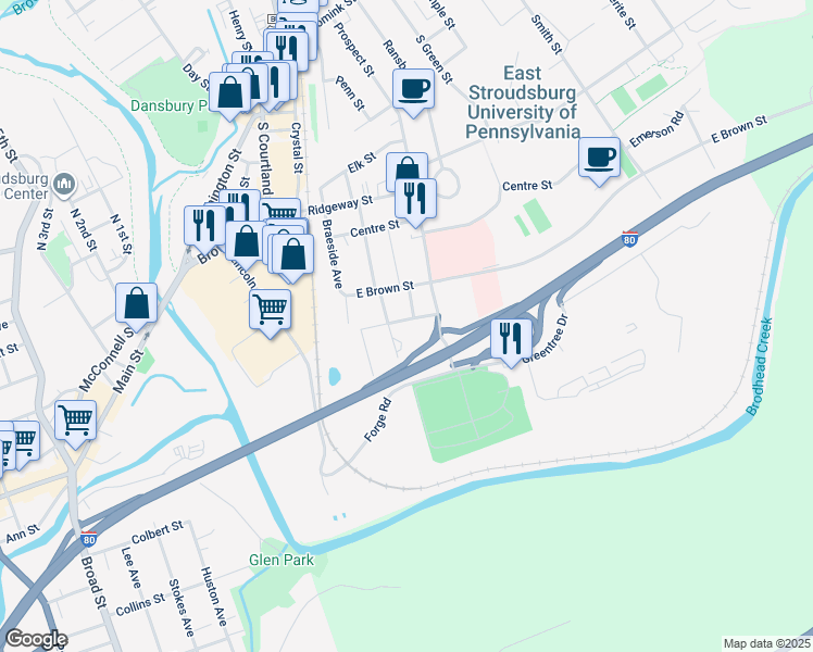 map of restaurants, bars, coffee shops, grocery stores, and more near 101 Orchard Street in East Stroudsburg