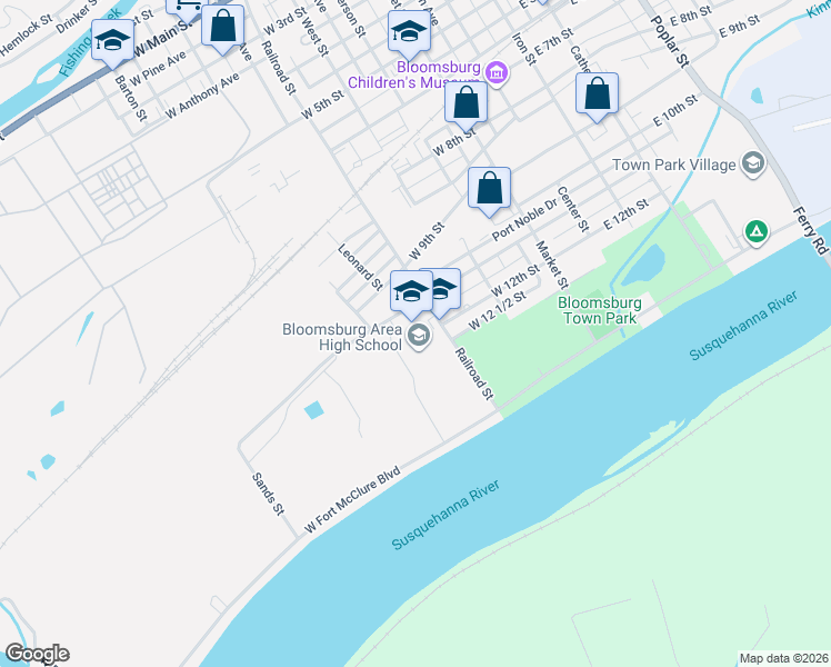 map of restaurants, bars, coffee shops, grocery stores, and more near 1200-1214 Railroad St in Bloomsburg