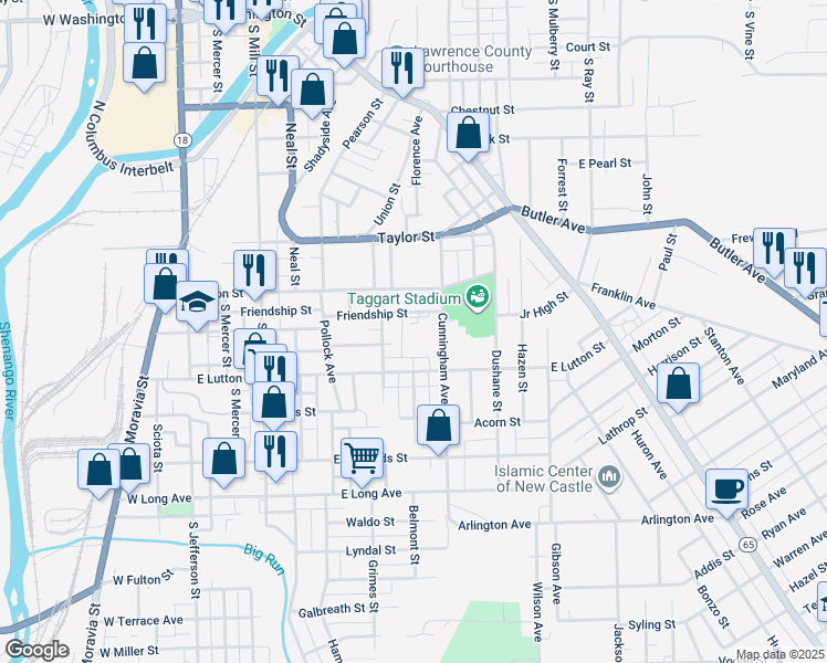 map of restaurants, bars, coffee shops, grocery stores, and more near 503 Uber Street in New Castle