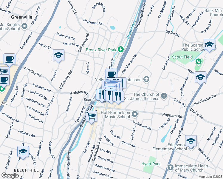map of restaurants, bars, coffee shops, grocery stores, and more near 64 East Parkway in Scarsdale