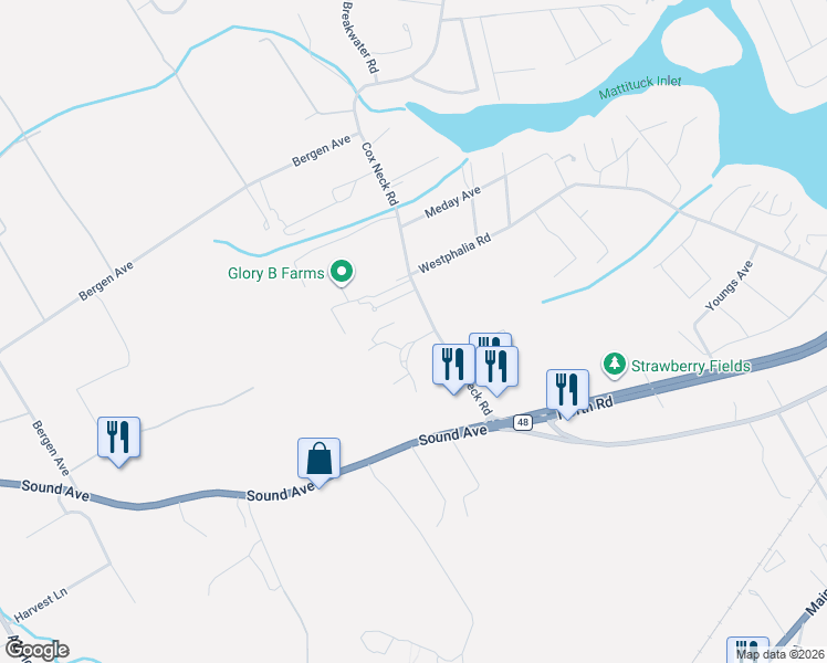map of restaurants, bars, coffee shops, grocery stores, and more near 891-1369 Cox Neck Road in Mattituck
