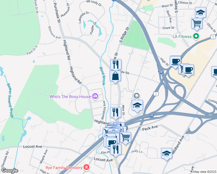 map of restaurants, bars, coffee shops, grocery stores, and more near 122 Mendota Avenue in Rye