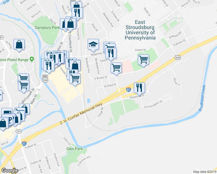 map of restaurants, bars, coffee shops, grocery stores, and more near 101 Orchard Street in East Stroudsburg