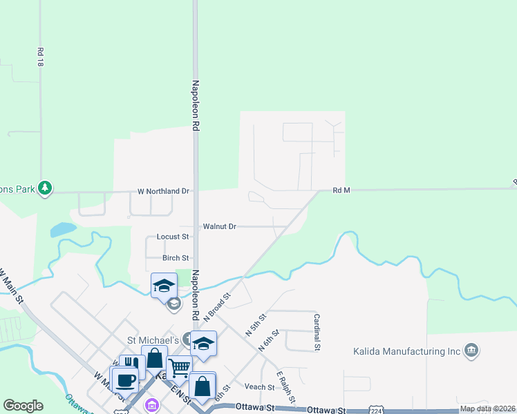 map of restaurants, bars, coffee shops, grocery stores, and more near 808 Silver Pines Drive in Kalida