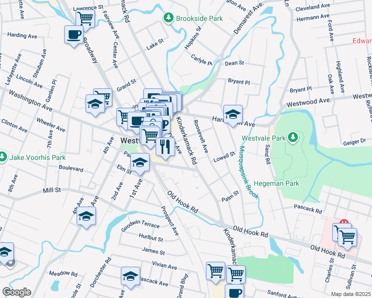 map of restaurants, bars, coffee shops, grocery stores, and more near 93 Fairview Avenue in Westwood