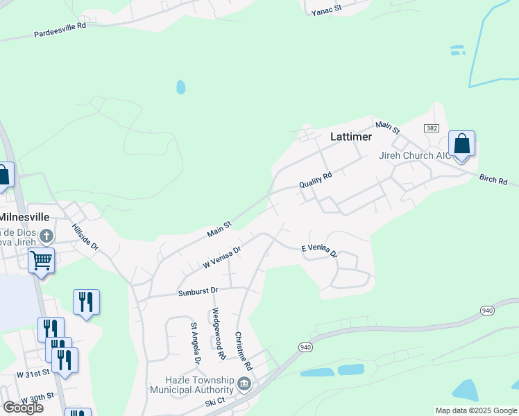 map of restaurants, bars, coffee shops, grocery stores, and more near Main Street in Hazleton
