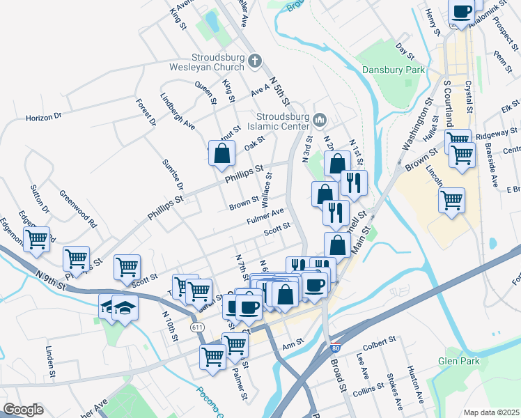 map of restaurants, bars, coffee shops, grocery stores, and more near 312 Wallace Street in Stroudsburg
