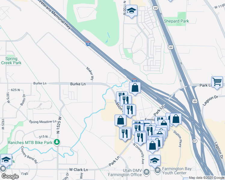 map of restaurants, bars, coffee shops, grocery stores, and more near Station Pkwy in Farmington