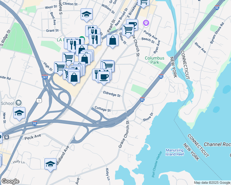 map of restaurants, bars, coffee shops, grocery stores, and more near 20 Eldredge Street in Port Chester