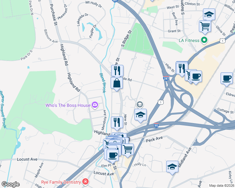 map of restaurants, bars, coffee shops, grocery stores, and more near 110 Wappanocca Avenue in Rye