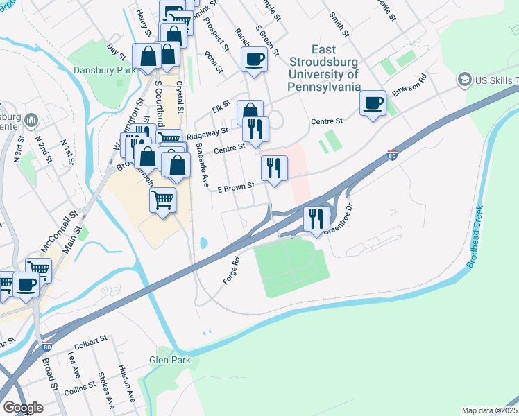 map of restaurants, bars, coffee shops, grocery stores, and more near 101 Orchard Street in East Stroudsburg