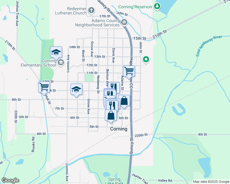 map of restaurants, bars, coffee shops, grocery stores, and more near 824 Davis Avenue in Corning
