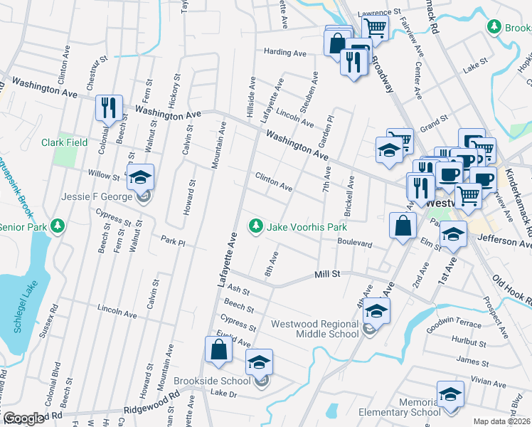 map of restaurants, bars, coffee shops, grocery stores, and more near 6 Glen Court in Westwood