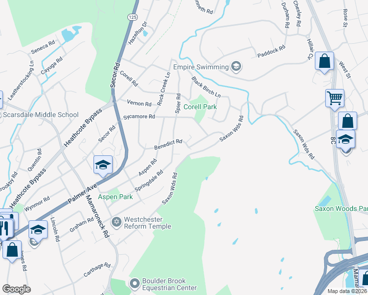 map of restaurants, bars, coffee shops, grocery stores, and more near 42 Springdale Road in Scarsdale