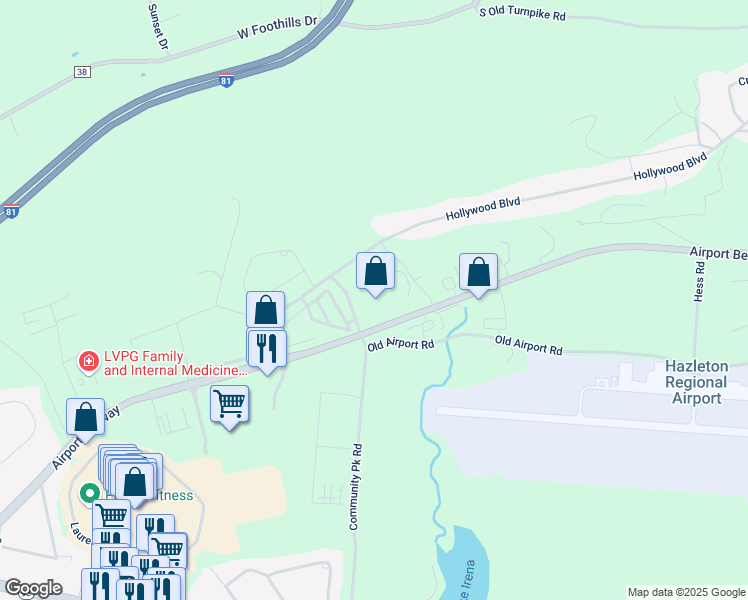 map of restaurants, bars, coffee shops, grocery stores, and more near 388 Airport Beltway in Hazleton