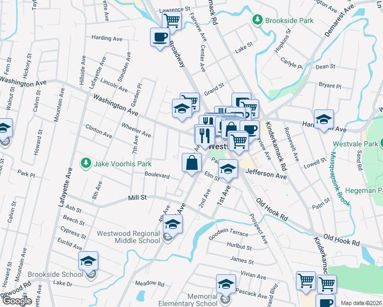 map of restaurants, bars, coffee shops, grocery stores, and more near 542 4th Avenue in Westwood
