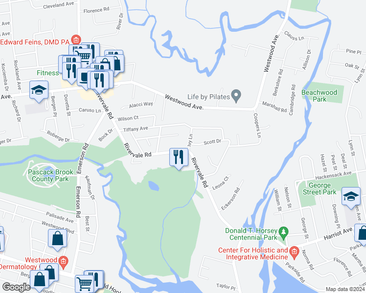 map of restaurants, bars, coffee shops, grocery stores, and more near 68 Rivervale Road in River Vale