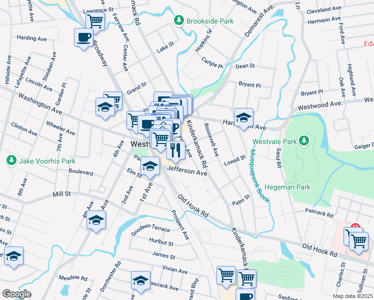 map of restaurants, bars, coffee shops, grocery stores, and more near 94 Fairview Avenue in Westwood