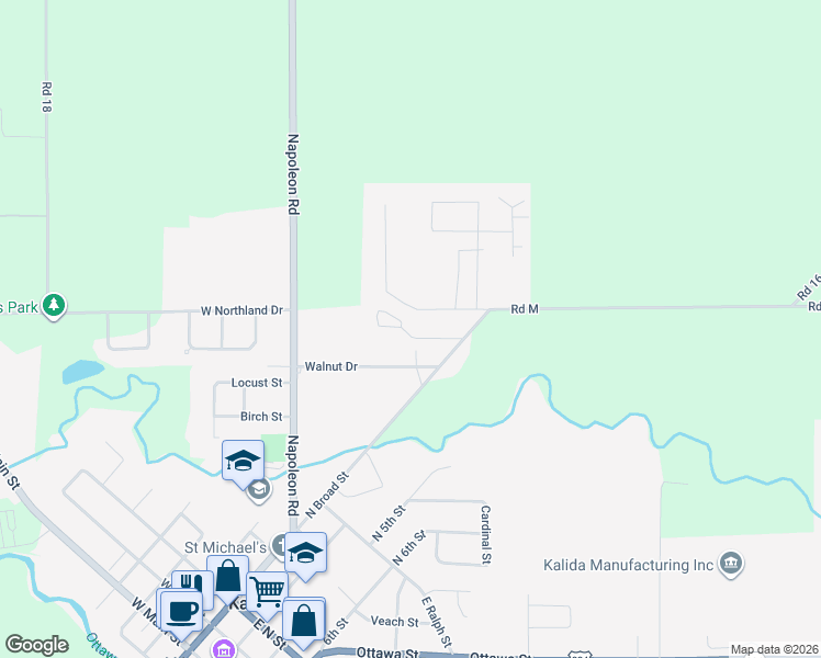 map of restaurants, bars, coffee shops, grocery stores, and more near 808 Silver Pines Drive in Kalida