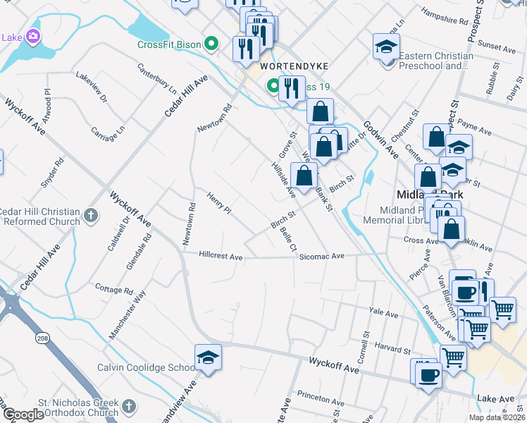 map of restaurants, bars, coffee shops, grocery stores, and more near 19 Oak Avenue in Midland Park