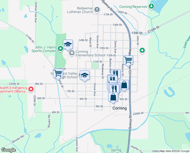 map of restaurants, bars, coffee shops, grocery stores, and more near 801 9th Street in Corning