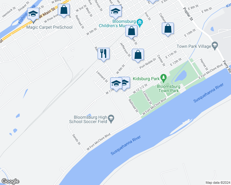 map of restaurants, bars, coffee shops, grocery stores, and more near 1100 Railroad Street in Bloomsburg