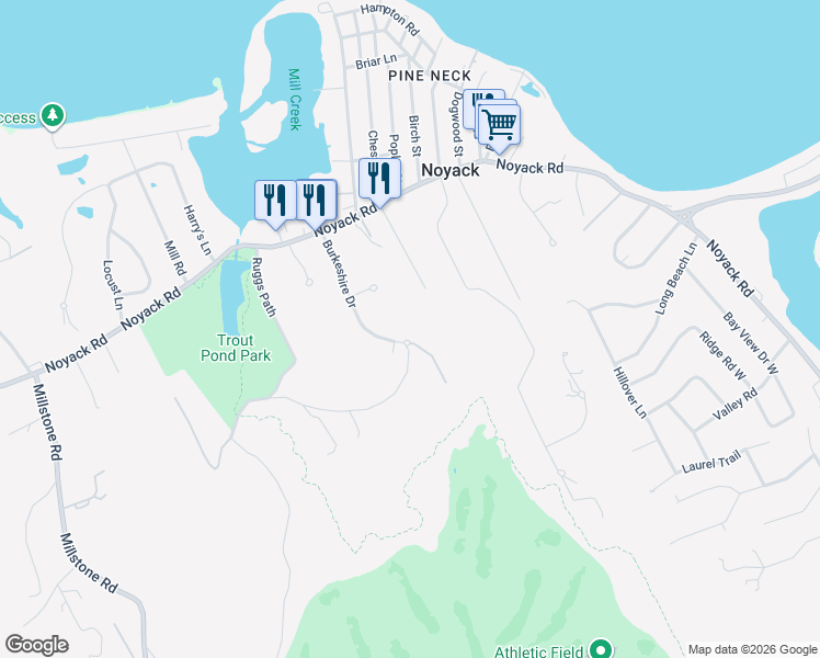 map of restaurants, bars, coffee shops, grocery stores, and more near 14 Burkeshire Drive in Sag Harbor