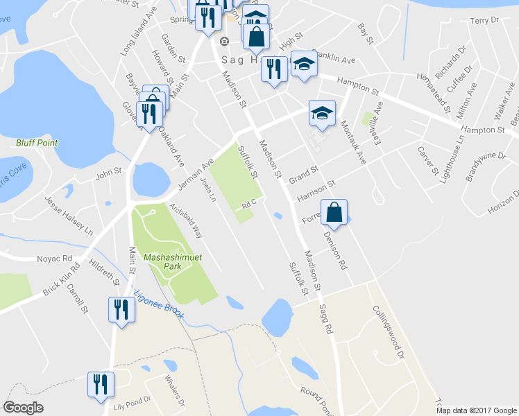map of restaurants, bars, coffee shops, grocery stores, and more near 138 Suffolk Street in Sag Harbor