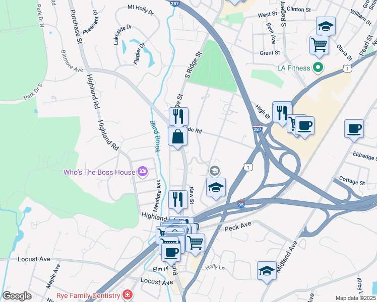map of restaurants, bars, coffee shops, grocery stores, and more near 20 Elizabeth Street in Rye