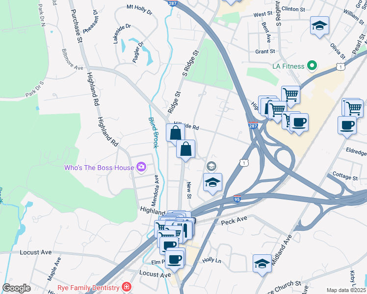 map of restaurants, bars, coffee shops, grocery stores, and more near 20 Elizabeth Street in Rye