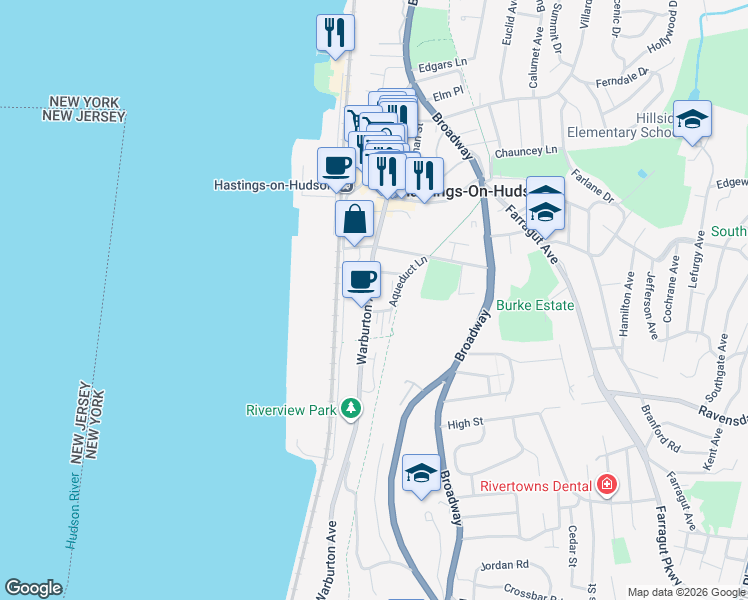 map of restaurants, bars, coffee shops, grocery stores, and more near 20 Marble Terrace in Hastings-on-Hudson