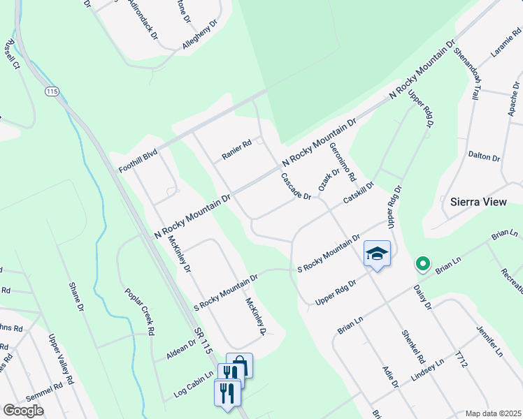 map of restaurants, bars, coffee shops, grocery stores, and more near 222 Matterhorn Drive in Effort
